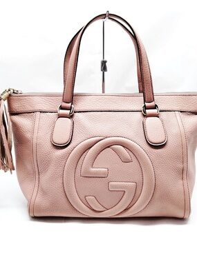 Gucci Soho GG Logo Pebbled Leather Tote Bag Pink Tassel